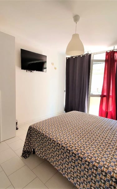 a bedroom with a bed and a television