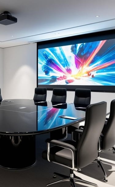 Sala de reunião com mesa grande e cadeiras tela elétrica sendo projetada