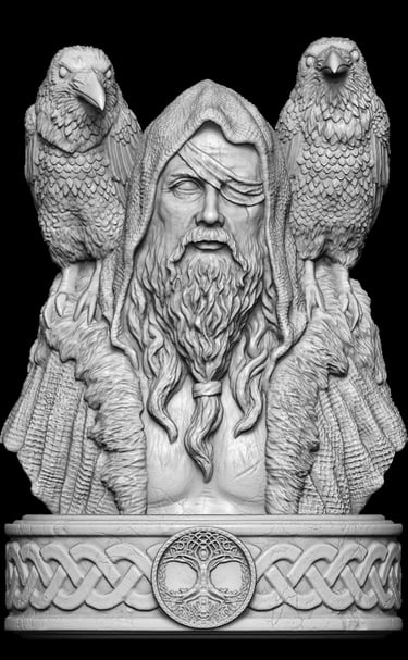 Detailed Viking bust with ravens digitally sculpted for professional 3D sculptural services