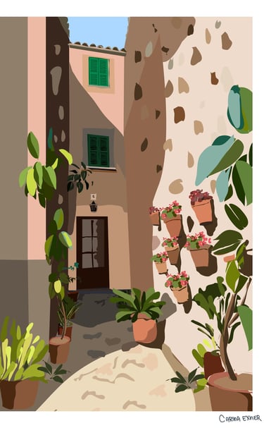 a painting of a house with potted plants