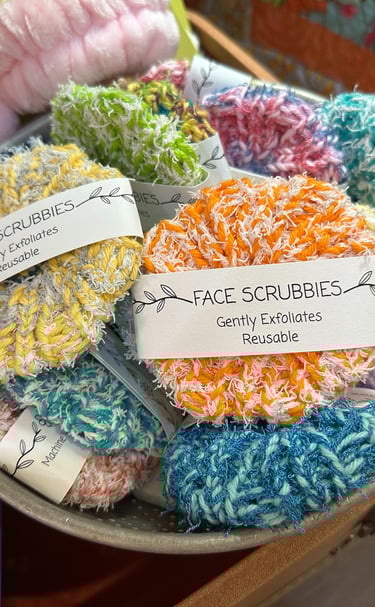 Handmade, reusable face scrubbies for gentle exfoliation and skin care.