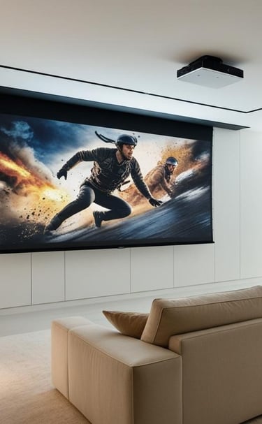 sala ampla de cinema em casa com tela e projetor