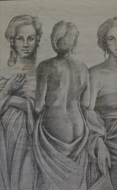 disegno a matita di tre donne in posa