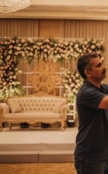 a man and woman standing in front of a stage