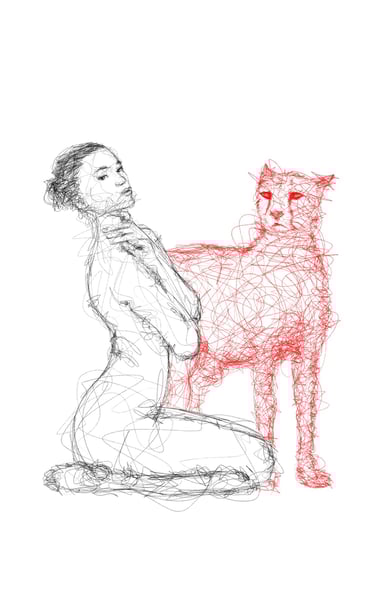 scribble art drawing nude woman with cheetah by nuditat