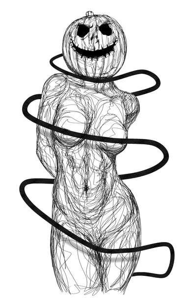 naked woman with pumpkin head scribble art drawing by nuditat