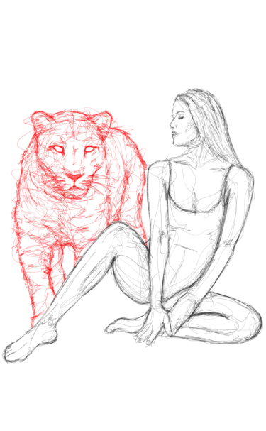 woman posing with leopard scribble art drawing by nuditat