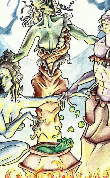 A watercolour illustration in green and blue hues depicting Shakespere's witches around a cauldron