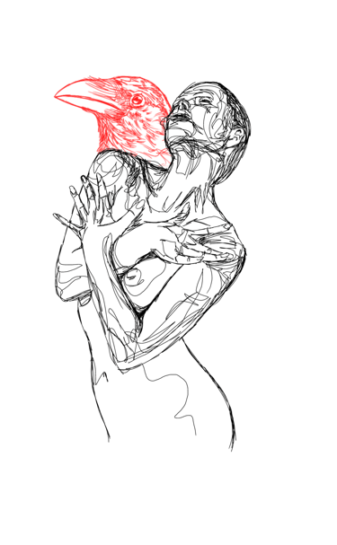 scribble art drawing nude woman with raven by nuditat
