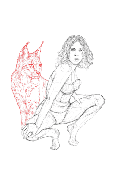 scribble art drawing nude woman with lynx by nuditat