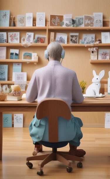 Artist with headphones working at a wooden desk in a studio filled with greeting cards and artwork.