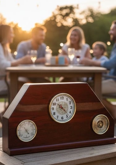 A wooden weather station with clock and barometer on an outdoor patio table during a sunset dinner.