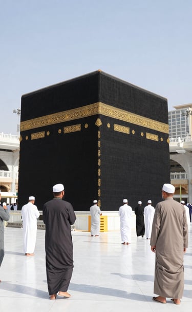 Close-up of pilgrims praying quietly inside Masjid al-Haram with soft natural light