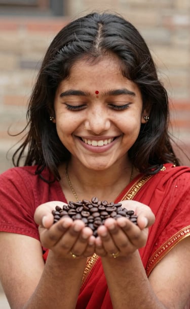 Smiling woman holding a ripe red coffee cherry in a lush organic coffee plantation.