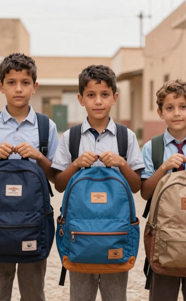 A group of young students proudly holding new backpacks and school supplies on the first day of school.