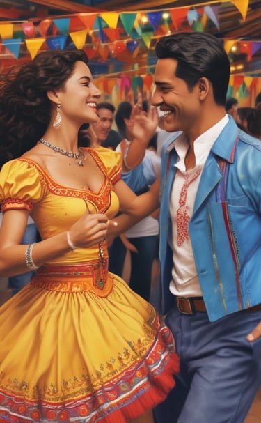 A lively traditional dance festival in Medellín with dancers in bright costumes.