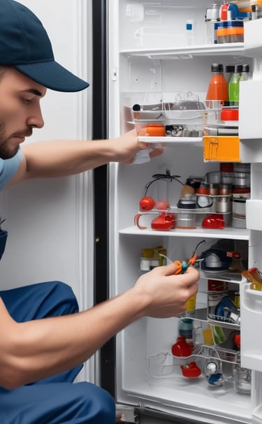 Close-up of a technician fixing a refrigerator compressor in a home kitchen.