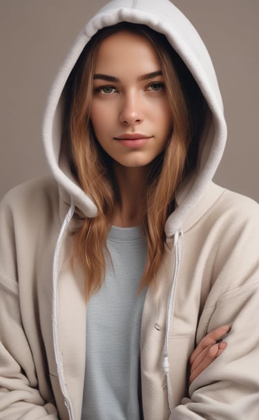 A candid shot of a woman laughing in a soft gray cardigan against a neutral-toned wall.