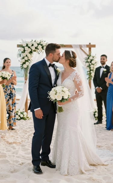 A lively wedding band performing on a beach at sunset in Playa del Carmen