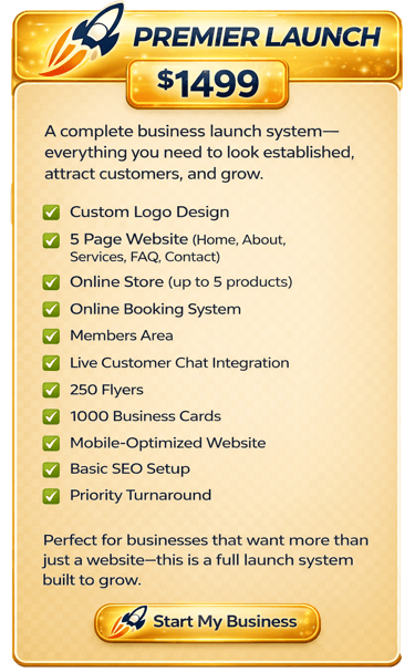 Premier Launch business package featuring logo design, website development, and SEO services for $1499.