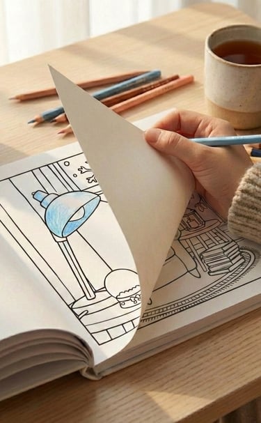 Hand turning a page in an adult coloring book next to a succulent and tea cup.