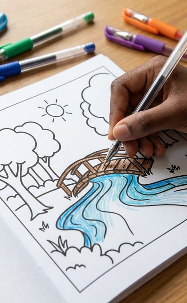 Hand coloring a bridge and river scene in a coloring book with colorful gel pens.