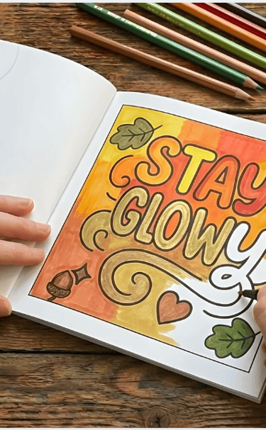 Artist coloring a 'Stay Glowy' autumn-themed illustration in a sketchbook with markers and colored pencils.