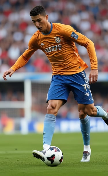 A dramatic shot of a Premier League striker mid-air, about to score a goal under bright stadium lights.