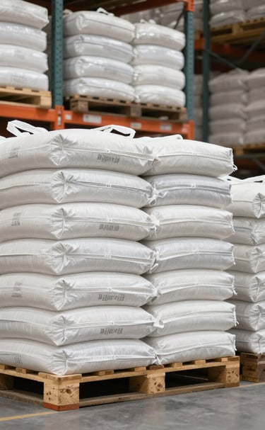 Stacks of packaged dolomite bags ready for shipment in a warehouse.