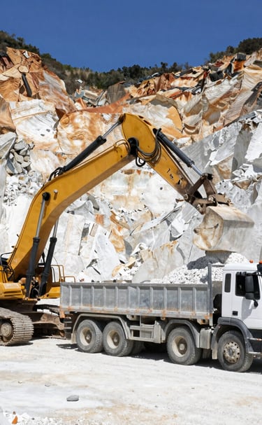 Industrial limestone quarry with heavy machinery operating under a clear sky.