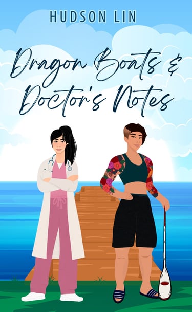 Book cover for Dragon Boats and Doctor's Notes by Hudson Lin featuring a doctor and an athlete on a pier.