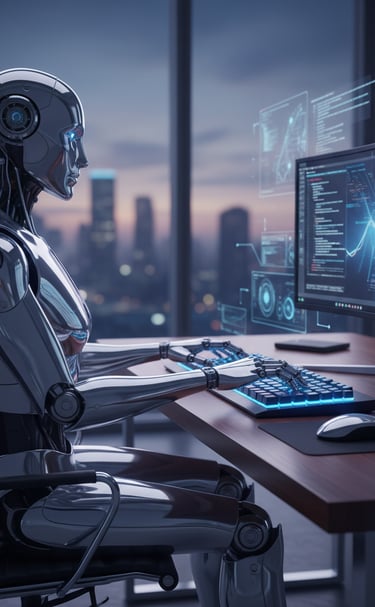 A silver humanoid AI robot typing on a keyboard at a desk with data analytics on a monitor.