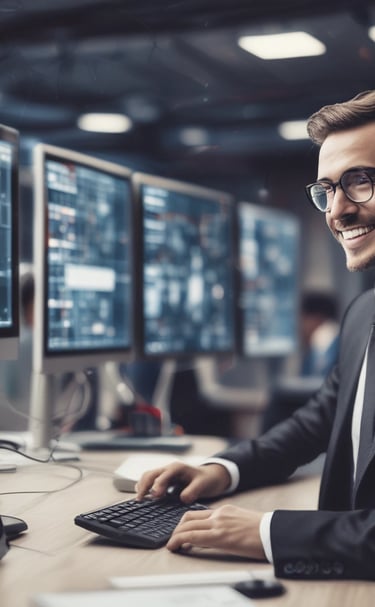 Smiling IT professional in a suit working on a multi-monitor computer workstation in a modern office.