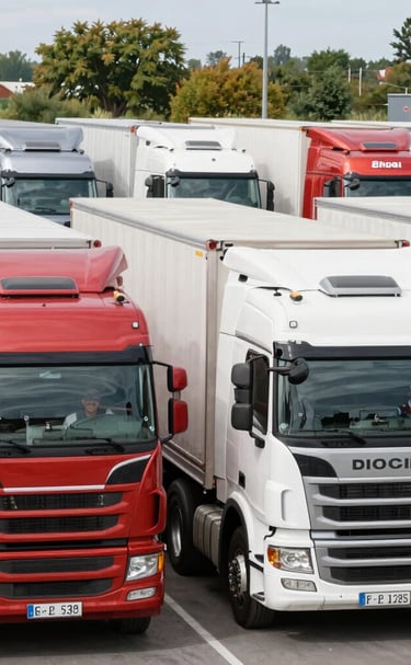 A 4 Runner Transport vehicle loading cargo at a bustling logistics hub with cranes and containers.