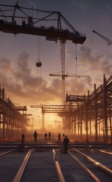 Construction materials stacked at a bustling European site.