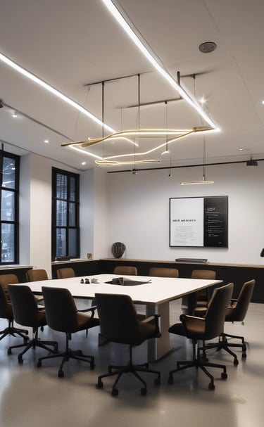 jbsd group team members discussing a project in a conference room with a blue-and-white theme.