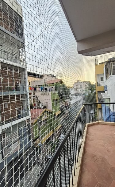 Modern balcony with elegantly arranged pigeon nets designs by Arjilli Enterprises in Bangalore.