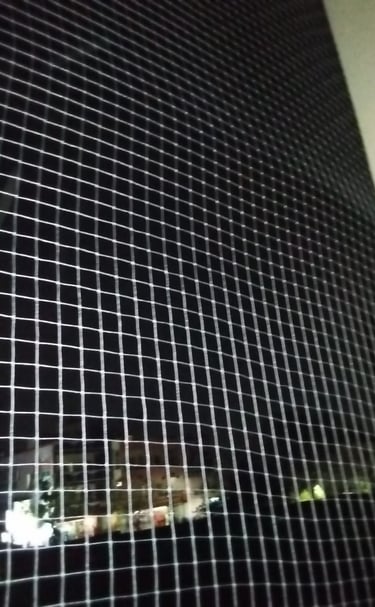 Detail of the netting material stretched tightly to prevent pigeons from entering.