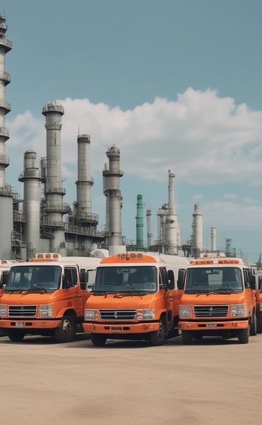 Fuel delivery trucks lined up at a logistics center under a clear sky.