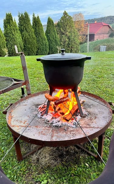 Żeliwny kociołek nad płonącym ogniskiem. Rodzinna multiagencja ubezpieczeniowa na biwaku.