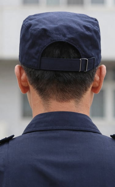 A security guard in royal blue uniform attentively monitoring a modern office entrance.