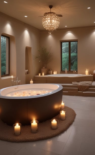 a spa room with a large tub and candles