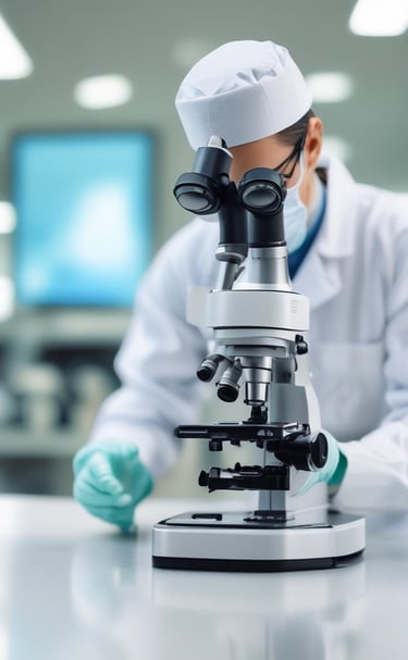 A professional woman in lab coat and gloves examining samples under a modern microscope.