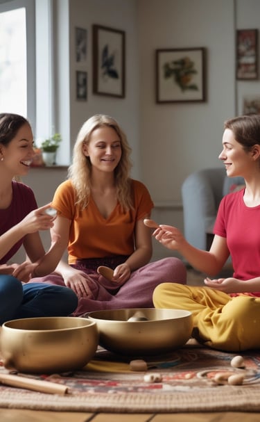 A serene therapy room bathed in soft natural light with traditional healing instruments arranged neatly.