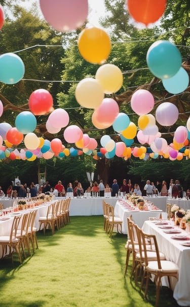 A joyful family gathering celebrating a graduation with vibrant banners and festive details.