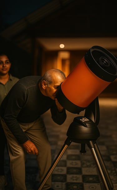 A guest enjoying a guided stargazing session in Kaziranga National Park, looking through a telescope