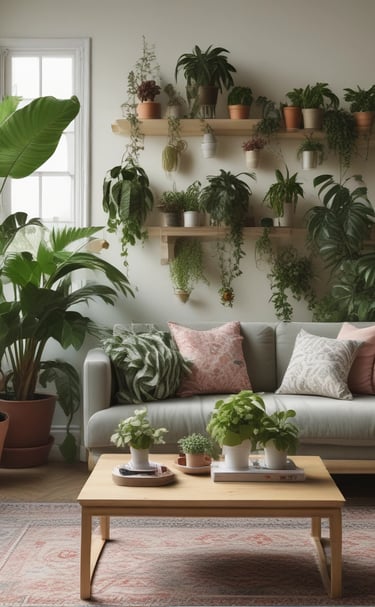 A laptop screen displaying the Pinterest website. The web page shows various home decor ideas with images of decorative items and interiors. The laptop is placed on a wooden surface in a room with plants and modern furniture in the background.
