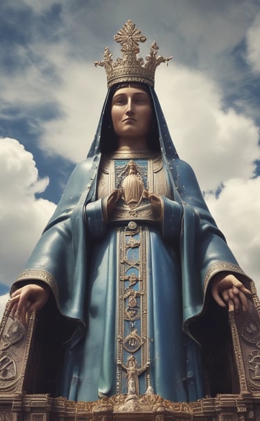A weathered stone statue of a figure with hands clasped in prayer stands against a backdrop of lush green trees. Sunlight filters through the canopy, creating a starburst effect above the statue's head, adding a divine aura to the scene.