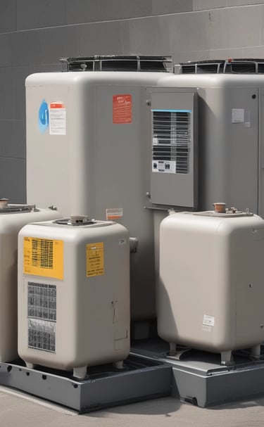 An industrial setting featuring a collection of stacked air conditioning units from various brands. A tall cylinder with hoses wrapped around it stands prominently in the foreground. The setting appears to be a cluttered storage or workshop space, with a partially visible metal roller shutter door on one side.