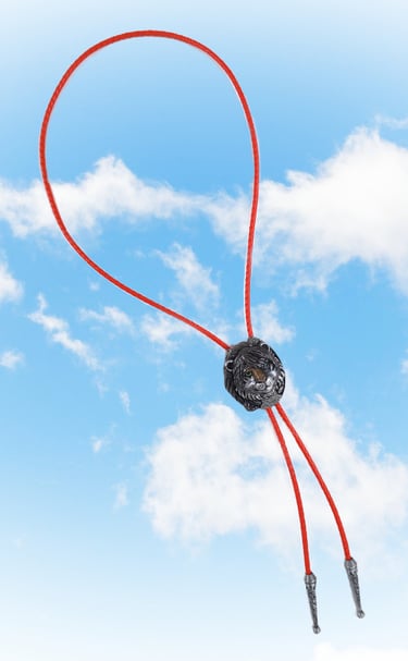 Vintage silver lion head bolo tie with a red cord floating against a blue sky background.